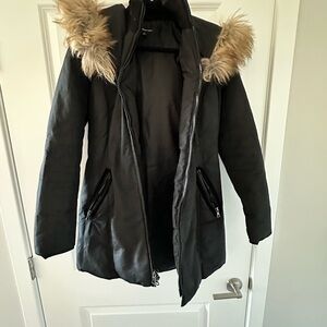 INC International Concepts Black Puffer Jacket with Fur Trim
